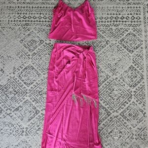 NWT Rachel Zoe Set Skirt & Top Spaghetti Straps Size S Hot Pink Rhinestones